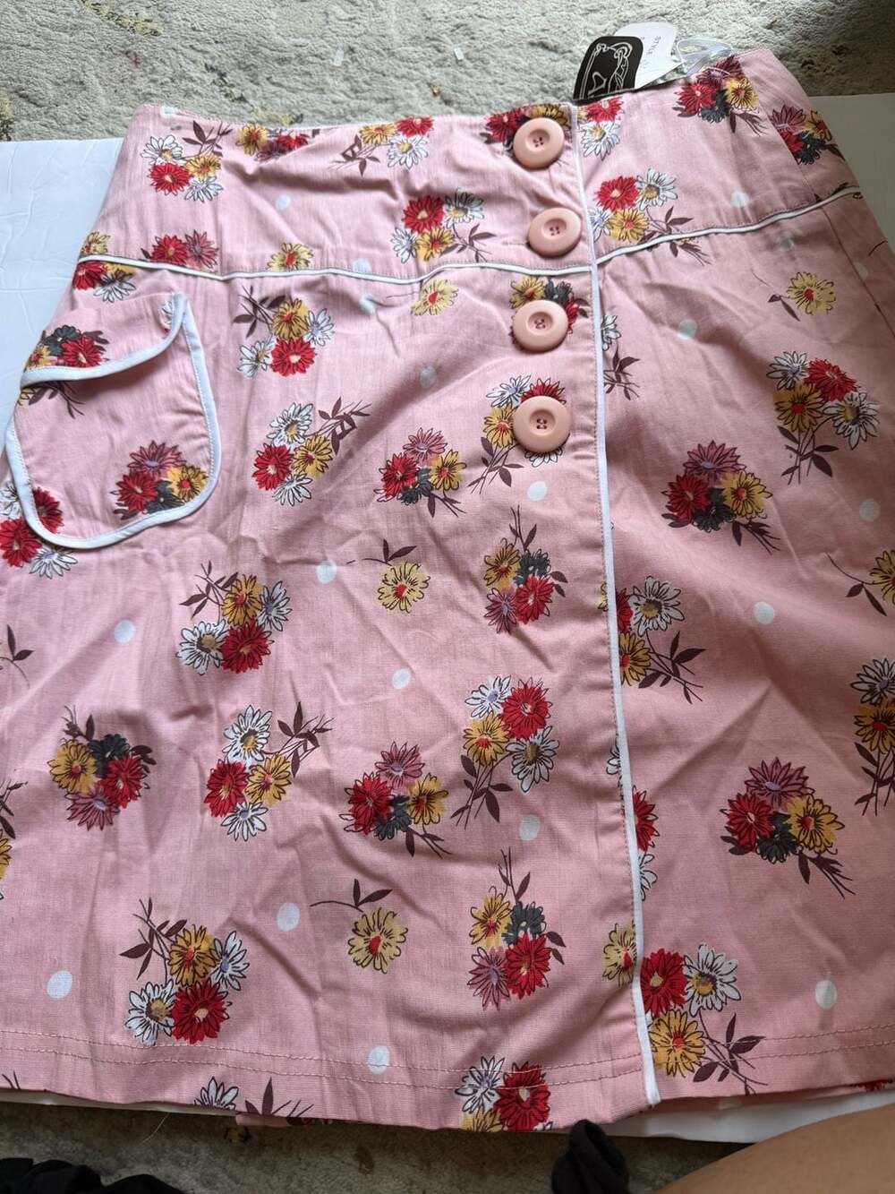 Angie Floral Print Mini Skirt with Contrast Piping and Front Buttons